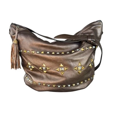 Vintage Sharif Metallic Bronze Leather Studded Embellished  Hobo Style Bag 12x16 - Image 1 of 4