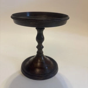 Vintage Metal Candle Holder Pedestal with Beaded Trim And Wood Grain Color - Picture 1 of 8
