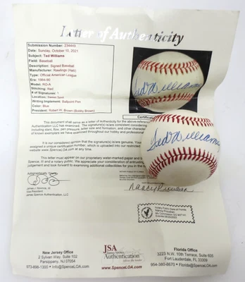 TED WILLIAMS Signed Official AL Baseball Sweet Spot JSA Full LOA Authentic - Image 1 of 4