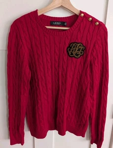 LAUREN Ralph Lauren Pullover rot Knopfleiste Zopfmuster L128319 Damen L adrett - Bild 1 von 15