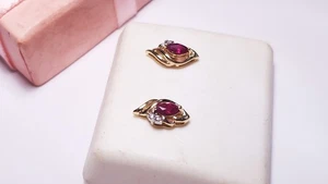 Estate .35ctw Natural Marq Ruby & Rd Diamond 14Kt Y/Gold post Earrings #22970 - Picture 1 of 6