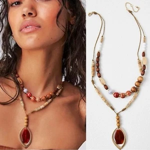 Free People Bohemian Beach Woodstock Layered Necklace Rust Brown Neutral NWT - Picture 1 of 12