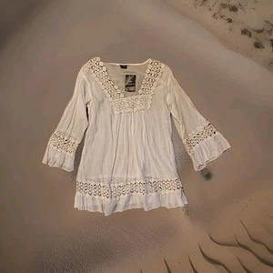 S.R. Fashion Womens Tunic Top White Lace XL Crochet Gauzey Boho Cottage Core NEW - Picture 1 of 5