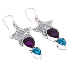 Amatista, Topacio Azul Piedras Preciosas 925 Plata Esterlina Joyería Pendient... - Imagen 1 de 1