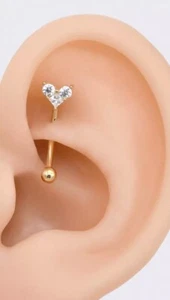 Heart Rook Eyebrow Piercing Earring Curved Bar Ring 14K Micro Yellow Gold Plated - Picture 1 of 8