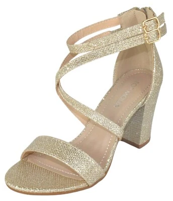 MODA Mujeres Bloque Tacones Altos Punta Abierta Doble Tobillo Correa Cremallera Trasera BETH-8 Dorado Foto 1 de 3