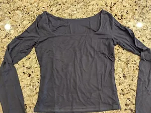 Sexy Long Sleeve Crop Top Square Neck Double Lined Basic Slim Fit T Shirt Grey M - Picture 1 of 12