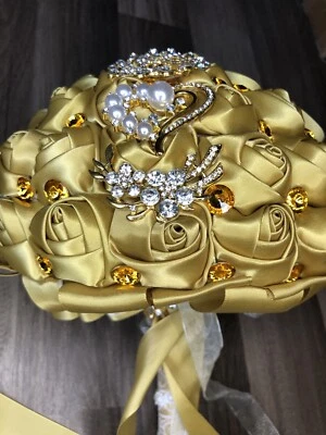 Gold Silk Flower Roses And Canary Rhinestone Elegant Wedding Bouquet NEW / C2I - Image 1 of 4