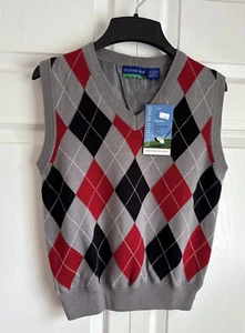 SCOTTISH WIND YOUTH GOLF Lined V Neck Sweater Vest Argyle GRAY BLACK RED Sz SM - Picture 1 of 3