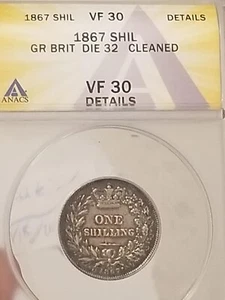 1867 Great Britain Shilling vf30 ANACS km# 734.2 - Picture 1 of 4