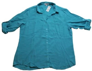 Express Women Portofino LongSleeve V-Neck Button Shirt Turqoise Blue/Green Sz XL - Picture 1 of 6