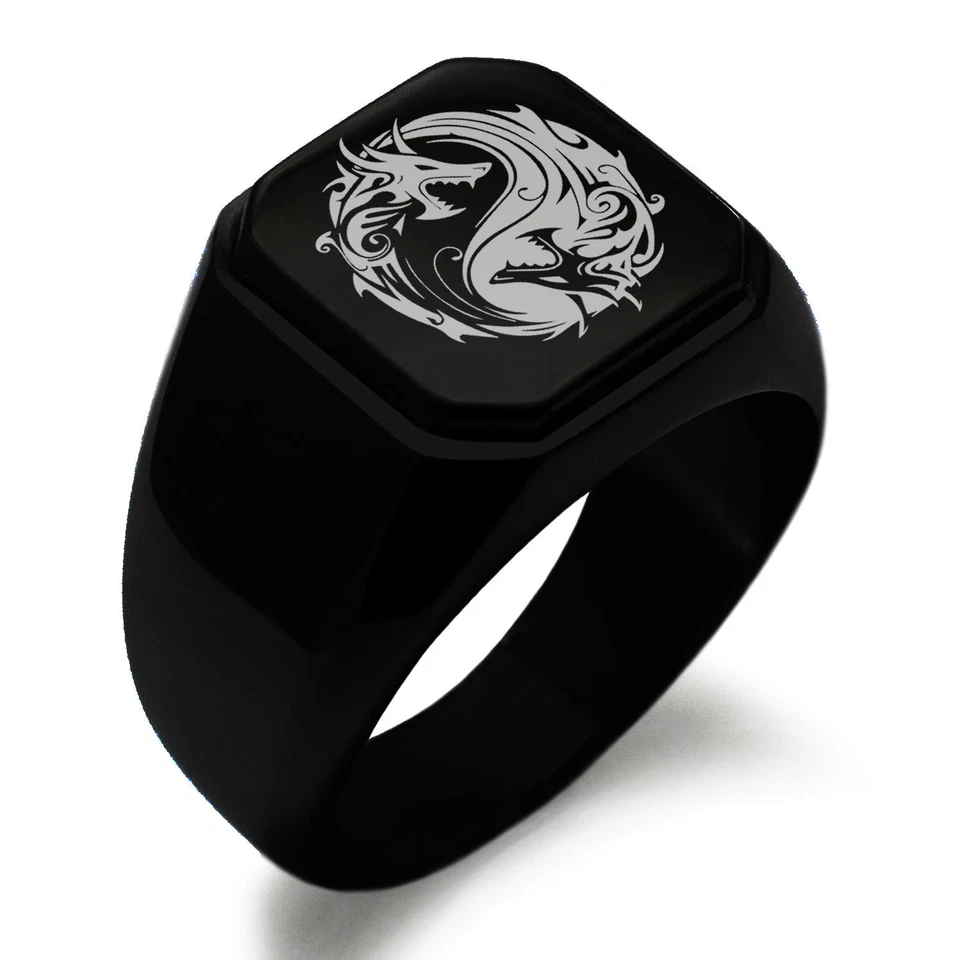 Stainless Steel Dragon Yin Yang Symbol Mens Square Biker Style Signet Ring - Image 1 of 1