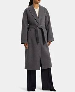 Theory Double-Face Wool-Cashmere Shawl Wrap Robe Coat Dark Grey Melange Large L - Picture 1 of 3