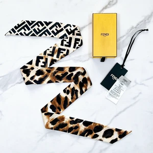 FENDI Zucca & Leopard Print Wrappy Scarf w/Box 100% Silk 47" x 2" Brown Used - Picture 1 of 16