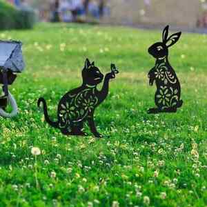 3 Pieces Animal Silhouette Garden Stake Puppy Dog Bunny Cat Silhouette Metal