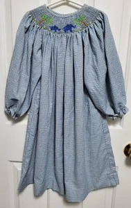 Be Mine Smocked Girls Dress Blue Check Sz 5 Elephant Palm Trees Long Sleeve - Picture 1 of 9