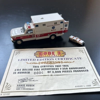 Code 3 Dallas Fire Dept MICU 1999 Ford F350 Ambulance 17 #12102 1/64 READ - Image 1 of 4