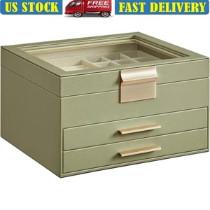 Jewelry Box Organizer 3 Layer Storage W/ Glass Lid 2 Drawers Women Fashion New - Picture 1 of 8