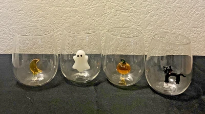 全新 Anthropologie 4 件套 万圣节酒杯-幽灵、黑猫、南瓜和月亮 — 第 1/4 张图片