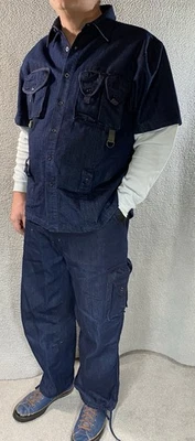 Винтажный необработанный синий Streetwear джинсовой ткани рубашка и брюки редкая размер 2XL - Изображение 1 из 4