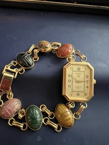 Vintage Kenneth Jay Lane Gold Scarab Gemstone Link Watch, Quartz, 7.5” - Picture 1 of 12