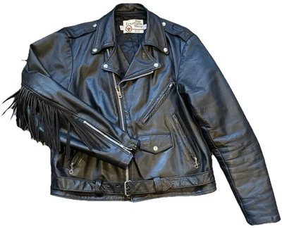 The Leather Shop Sears Black Biker Jacket Belted with Fringe Vintage Size 44 - Image 1 of 4