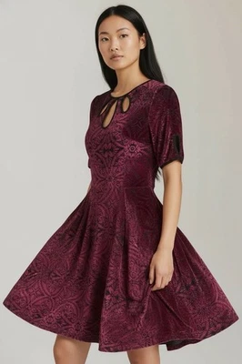 Modcloth Rockabilly Cherry Red Swing Dress Stretch Velvet 40s 50s Vibe Small - Image 1 of 4