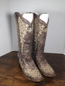 Corral A1094 Women's 9.5 M Tan Leather Embroidered Square Toe Western Ride Boots - Picture 1 of 11
