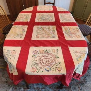 Vintage Red a White Floral Quilt / Handmade / Embroidered / Queen/king 102x92 - Picture 1 of 14