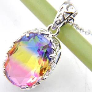 Shiny Yellow Oval Dazzling BI-COLORED Tourmaline Silver Chain Pendants Necklaces - Picture 1 of 6