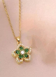 Emerald Green Cubic Zirconia 3D Spinning Bauhinia Flower Pendant Necklace. Boxed - Picture 1 of 22