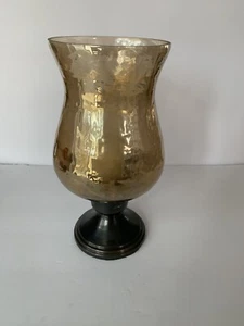 Hurricane Vase Gold Crackle Finish Glass 10" Tall Black Base Candle Holder - Picture 1 of 9