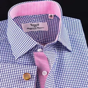 Blue Check Formal Business Shirt With Romantic Designed Pink Inner Lining - Picture 1 of 6