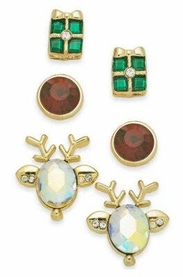 Charter Club Holiday Lane tono dorado 3 piezas Juego de aretes de reno y presente Foto 1 de 2