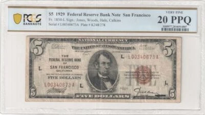 $5 1929 FRBN Fr. 1870-L San Francisco Only 2 PPQ Known PCGS-B Very Fine 20 PPQ - Image 1 of 2