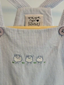 New Potatoes Girls Blue & White mini checkered gingham LAMBS Overalls 24 Months  - Picture 1 of 9