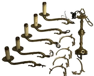 Vintage Messing Kronleuchter Teile: Korpus, 5 große Leuchte/Prisma & 5 Prismenarme Restauration - Bild 1 von 21
