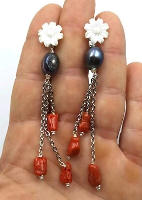 Orecchini da Donna Pendenti In Argento 925 Rodiato Corallo Rosso Perla Agata  - Immagine 1 di 4