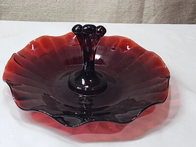Vintage Anchor Hocking Glass Tidbit Tray Royal Ruby Red Center Handled Plate - Image 1 of 4
