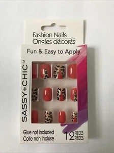 SASSY + CHIC™ FASHION NAILS 12 PIECES FUN & EASY TO APPLY RED CHEETAH PRINT - Picture 1 of 3