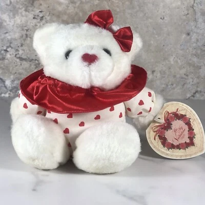 VINTAGE DAN DEE WHITE RED VALENTINE HEART PRINT MINI TEDDY BEAR PLUSH W/GIFT TAG - Image 1 of 4