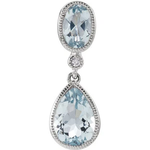 14k White Gold Genuine Pear Cut and Oval Aquamarine and White Diamond Pendant - Picture 1 of 2