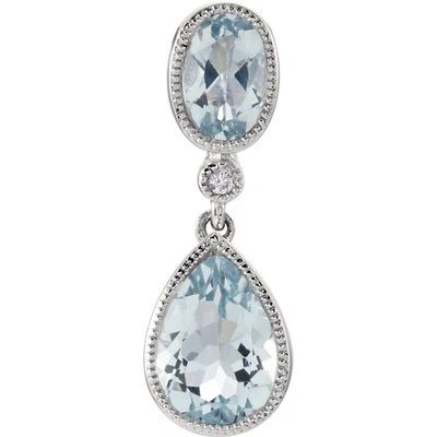 14k White Gold Genuine Pear Cut and Oval Aquamarine and White Diamond Pendant - Image 1 of 2