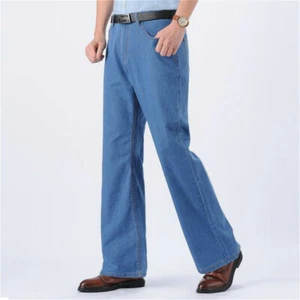 Hommes Bell Bas Jean 60s 70s Évasé Pantalon Jambe Large Long Décontracté - Picture 1 of 14