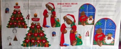Vintage CHRISTMAS Fabric Applique Panel JINGLE BELL TEDDY BEAR Cut Sew Cranston - Image 1 of 3