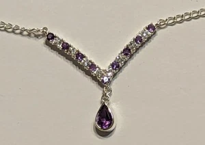 STERLING 925 AMETHYST WHITE TOPAZ V BAR TEAR DROP PENDANT NECKLACE 10 G - Picture 1 of 10