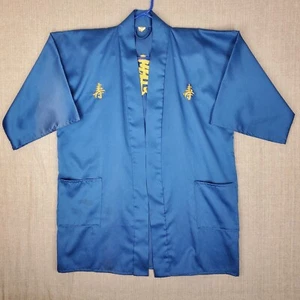 Vtg Japanese Kimono Men's Haori Robe Long Life Blue Made in Japan Pockets Gold - Picture 1 of 12
