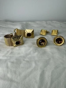 Antique Vintage Art Deco Gold Colour 70s Brown Jewel Cufflink Set - Picture 1 of 10