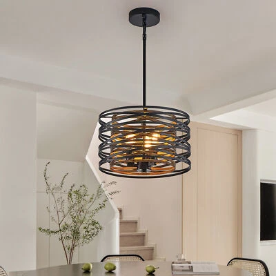 13" Farmhouse Chandelier Drum Hanging Light Retro Wood Ceiling Pendant Fixture - Image 1 of 4