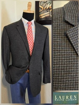 Ralph Lauren Men 44L Blazer Cashmere Wool Gray Blue Sport Coat Houndtooth Jacket - Image 1 of 4